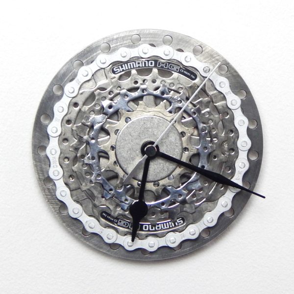 upcycled recycled bicycle parts clock silver and black